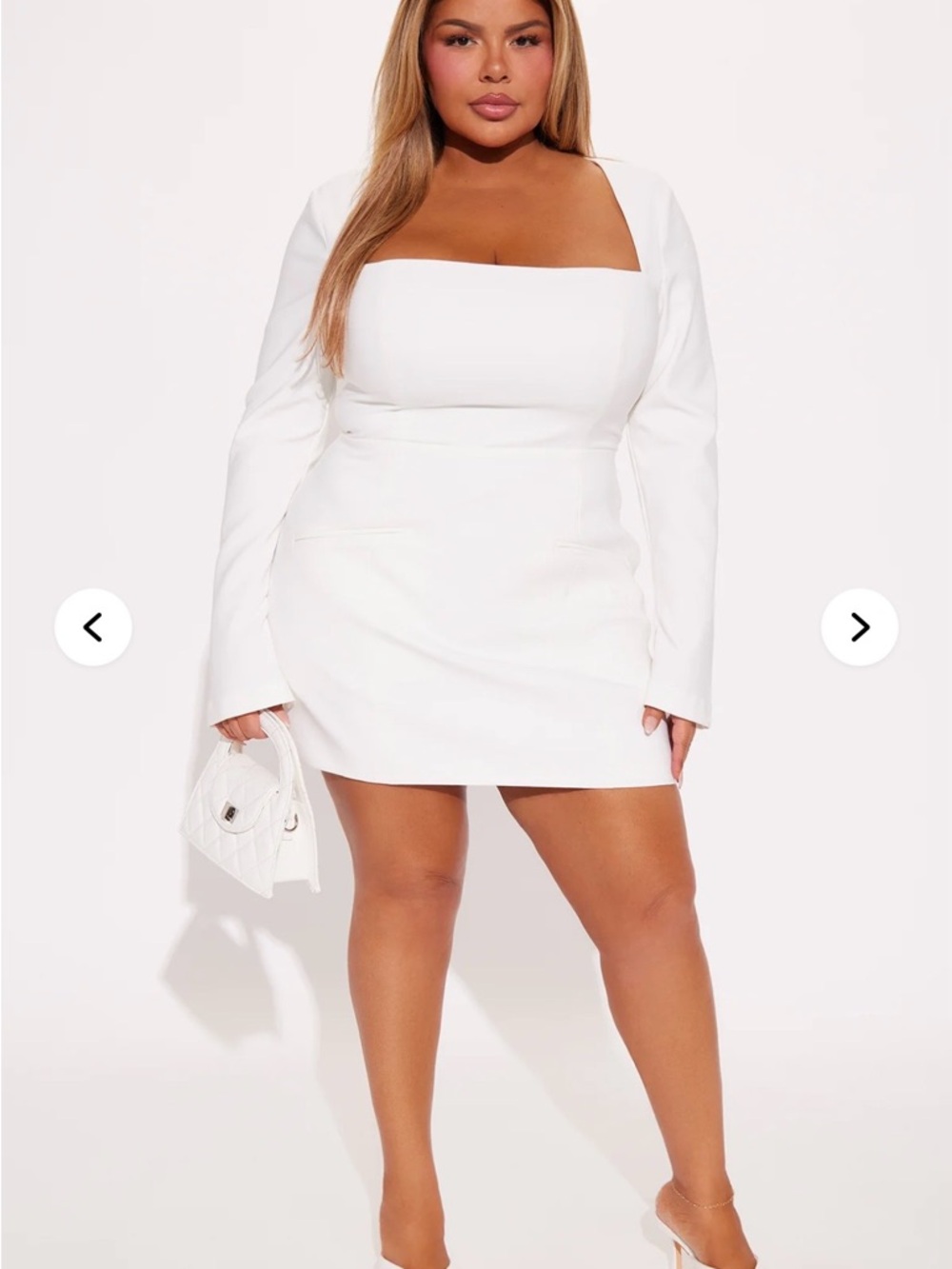 White Square-Neck Long-Sleeve Mini Dress